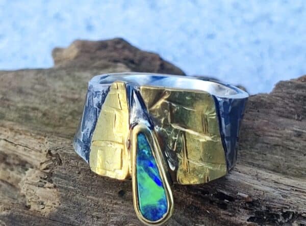 Unikat Ring Silber 925 Gold 900 Strukturen Leguanhaut Boulder Opal Edelopal 53