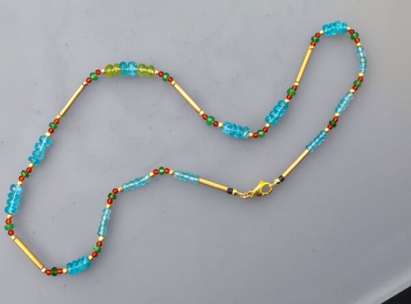 Unikat Kette Silber 925 Röhrchen vergoldet Apatit facettiert Tsavorit Karneol 43 cm