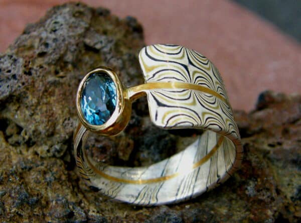 Unikat Ring Silber 925 Gold 900, 750 Palladium 500 Mokume Gane Aquamarin geätzt oder ungeätzt auf Bestellung