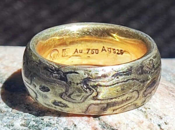 Mokume Gane Ring Trauring Gold 750 gelb weiss rose Silber geätzt Holzmaserung 59