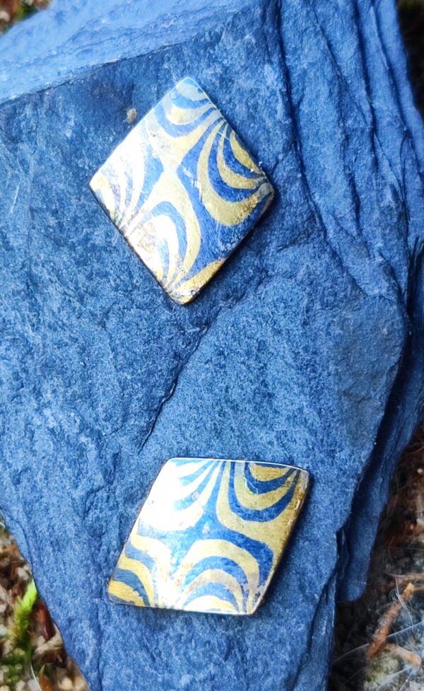 Ohrschmuck Mokume Gane Ohrstecker Gold 900 Gold 750 Palladium 500 Unikat Raute Viereck