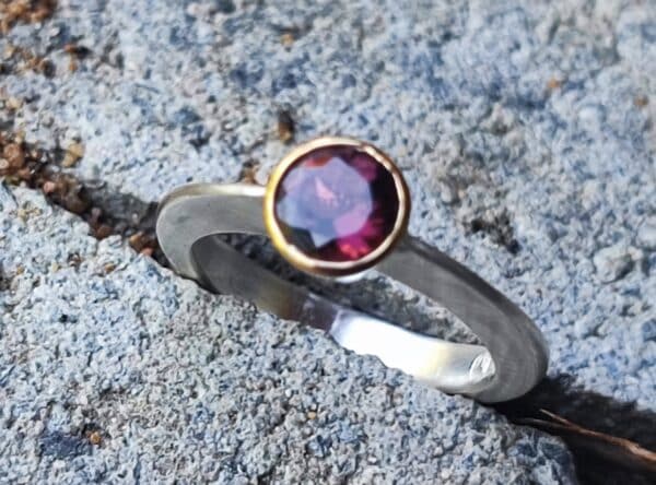 schlichter Unikat Ring Silber 925 Gold 750 Turmalin pink matt schlank 59