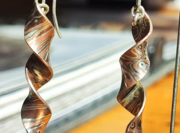 Ohrschmuck Ohrringe Mokume Gane Silber 925 Shakudo Shibuichi Unikat