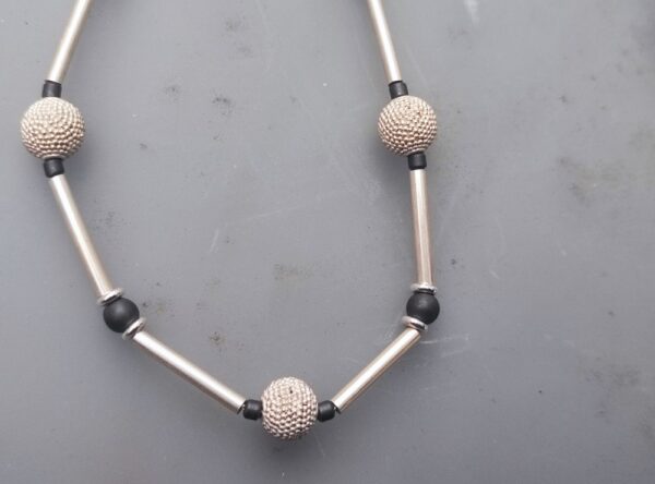 Unikat Kette Silber 925 Röhrchen Kugeln granuliert  Hämatit 48 cm