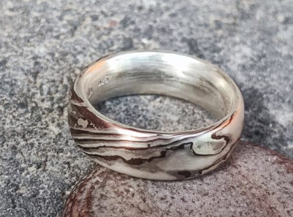 Mokume gane Ring Trauring Ehering Silber 925 Shakudo Shibuichi Unikat Größe 57 Holzmaserung