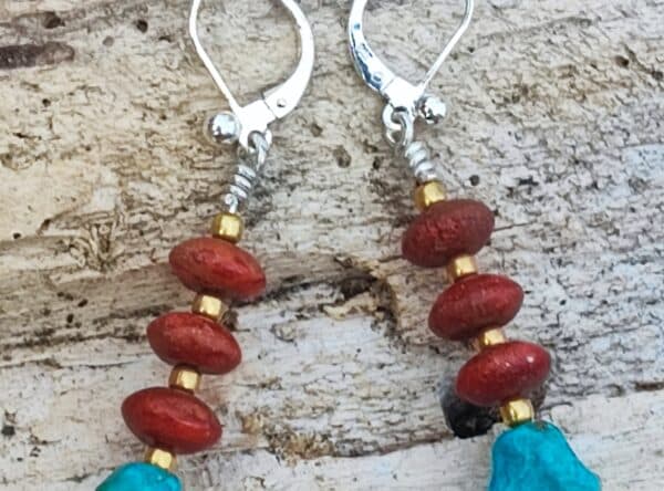 Unikat Ohrschmuck Ohrring Silber 925 tlw. vergoldet Koralle Türkis Nugget