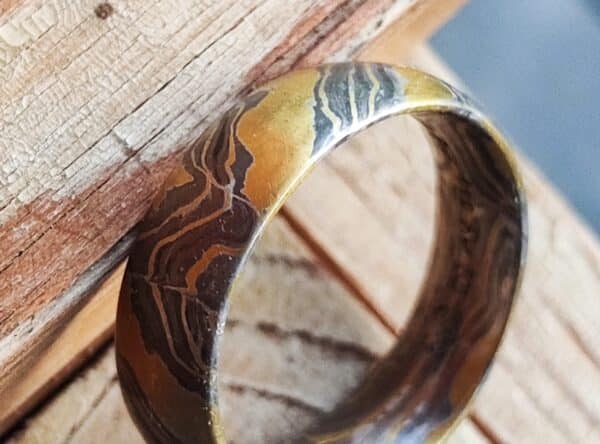 Mokume Gane Ring Trauring  Silber 925 Gold 900 Palladium 500 Unikat Holzmaserung 62