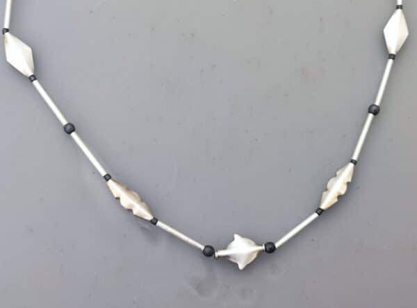 Unikat Kette Silber 925 Röhrchen Blätter Hämatit Kugeln 48 cm