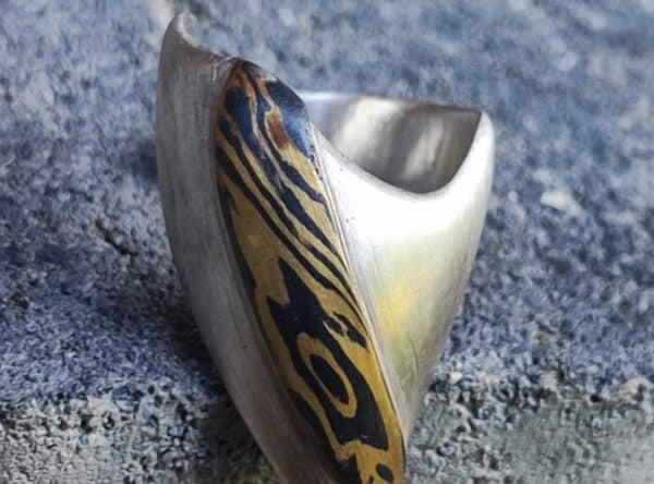 Unikat Ring Silber 925 Gold 900 Palladium Mokume Gane Kralle ergonomisch Ringgröße 60