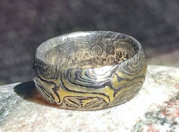 einzelner Trauring Ring Mokume Gane Gold 900 Palladium 500 Silber  Sternmuster geätzt 50