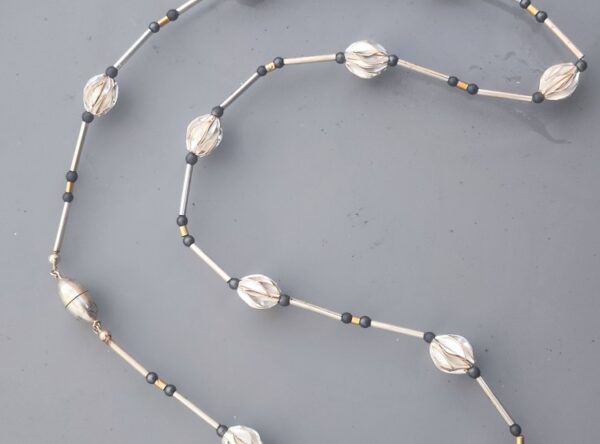 Unikat Kette Silber 925 tlw. vergoldet Oliven Lamellen matt Stäbe Hämatit 64 cm