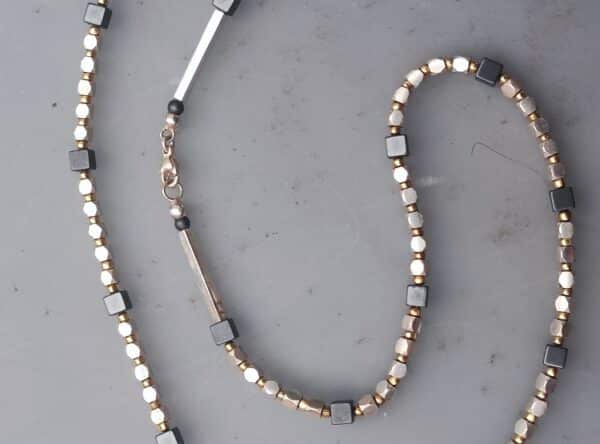 Unikat Kette Silber 925 tlw. vergoldet matt Würfel Hämatit Kugeln 55 cm