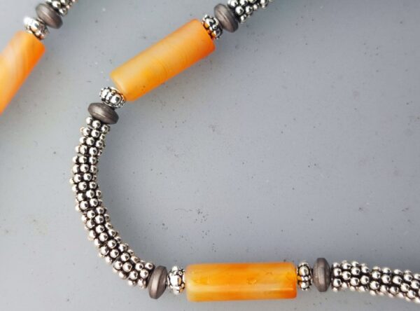 Leguan Kette Silber 925 Hämatit Karneol Zylinder Unikat 46 cm