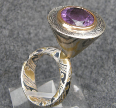 Unikat Ring Mokume Gane Gold Palladium Silber Amethyst kinetisch drehbar Lila