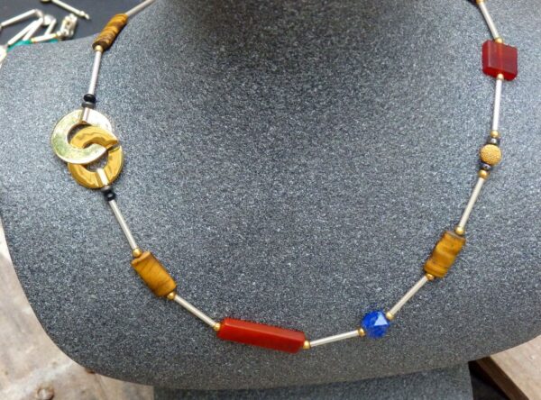 Unikat Kette Silber 925 tlw.vergoldet Zylinder Lapis Tigerauge Karneol 50,5 cm